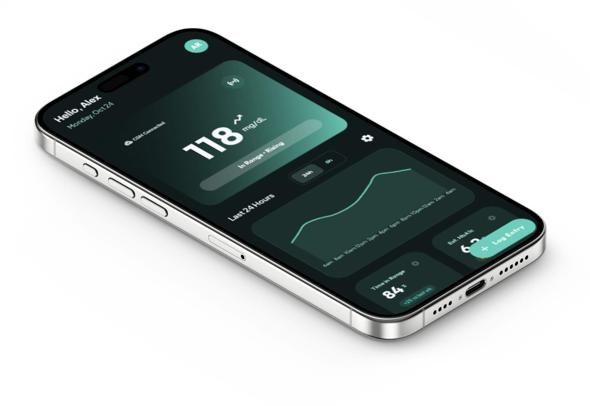 GlucoSync app shown on iPhone displaying glucose dashboard